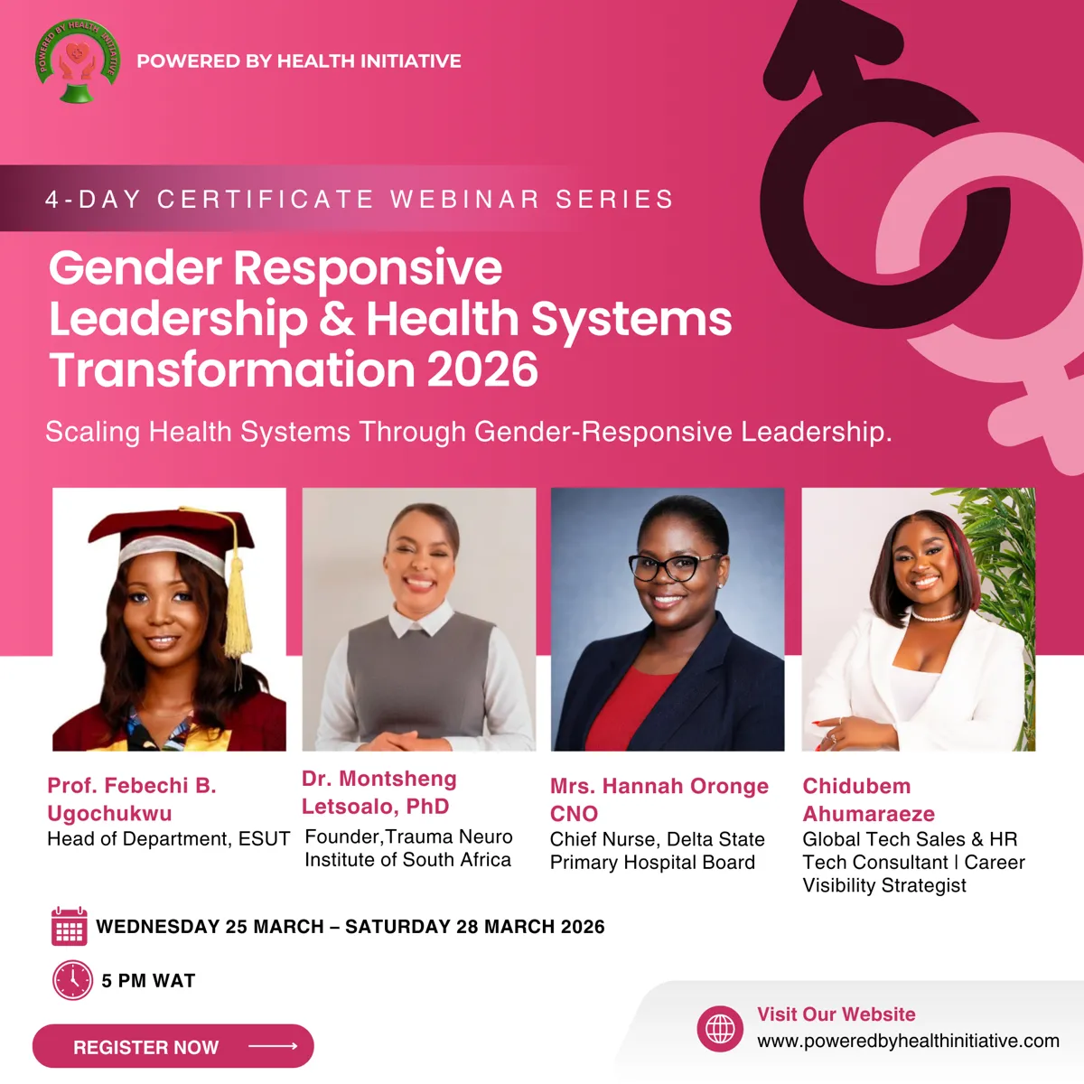 Flyer for the Gender Responsive Leadership and Health Systems Transformation 2026 webinar series